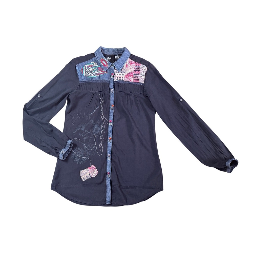 Desigual Black Embroidered Patchwork Boho Button … - image 3
